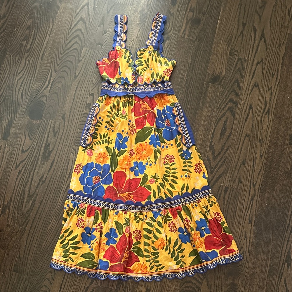 FARM Rio Yellow Floral Sundress with Blue and Red Accents